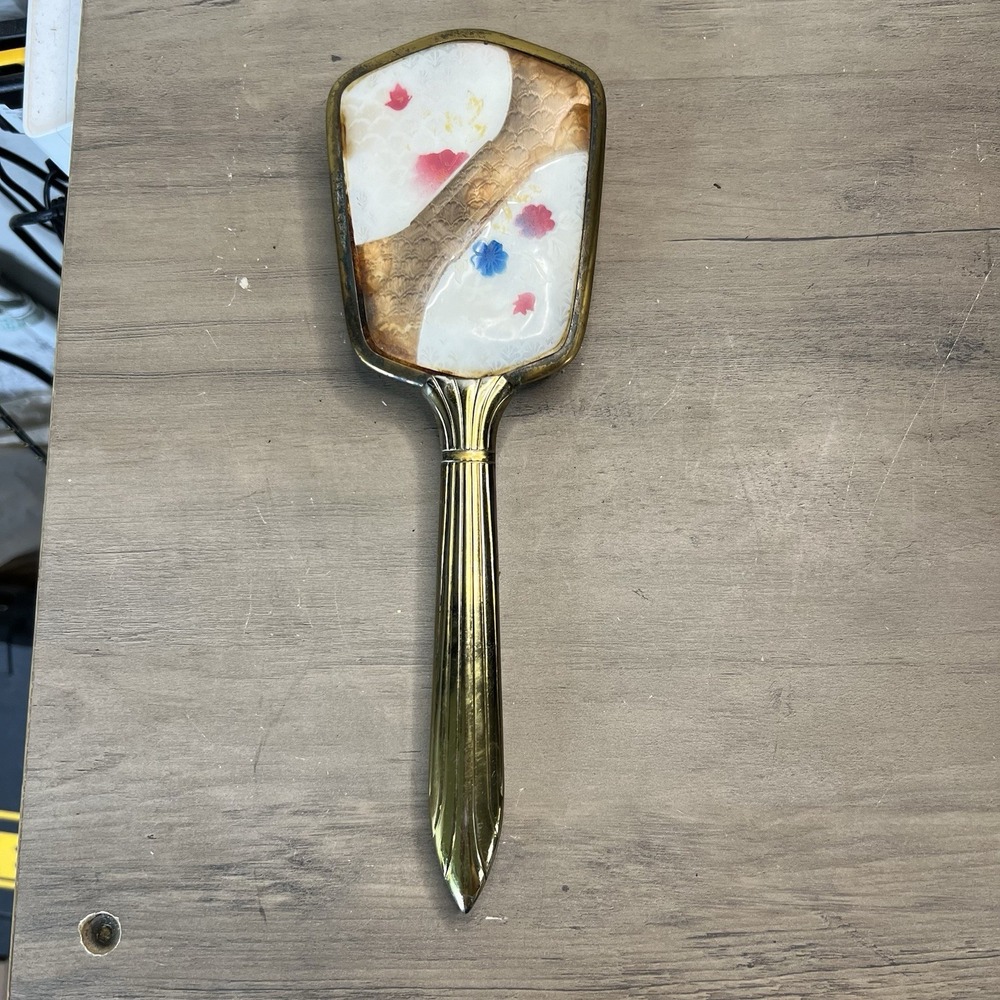 Vintage Floral Vanity Hairbrush – Gold Handle‎ & Embossed Back – 1950s-60s